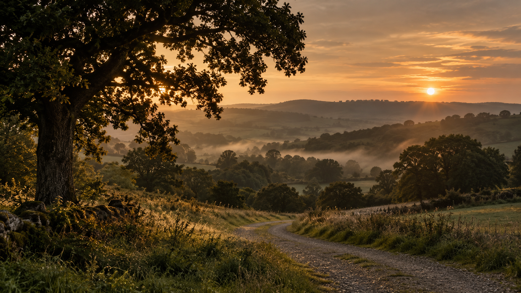 Illustrative English countryside at dusk